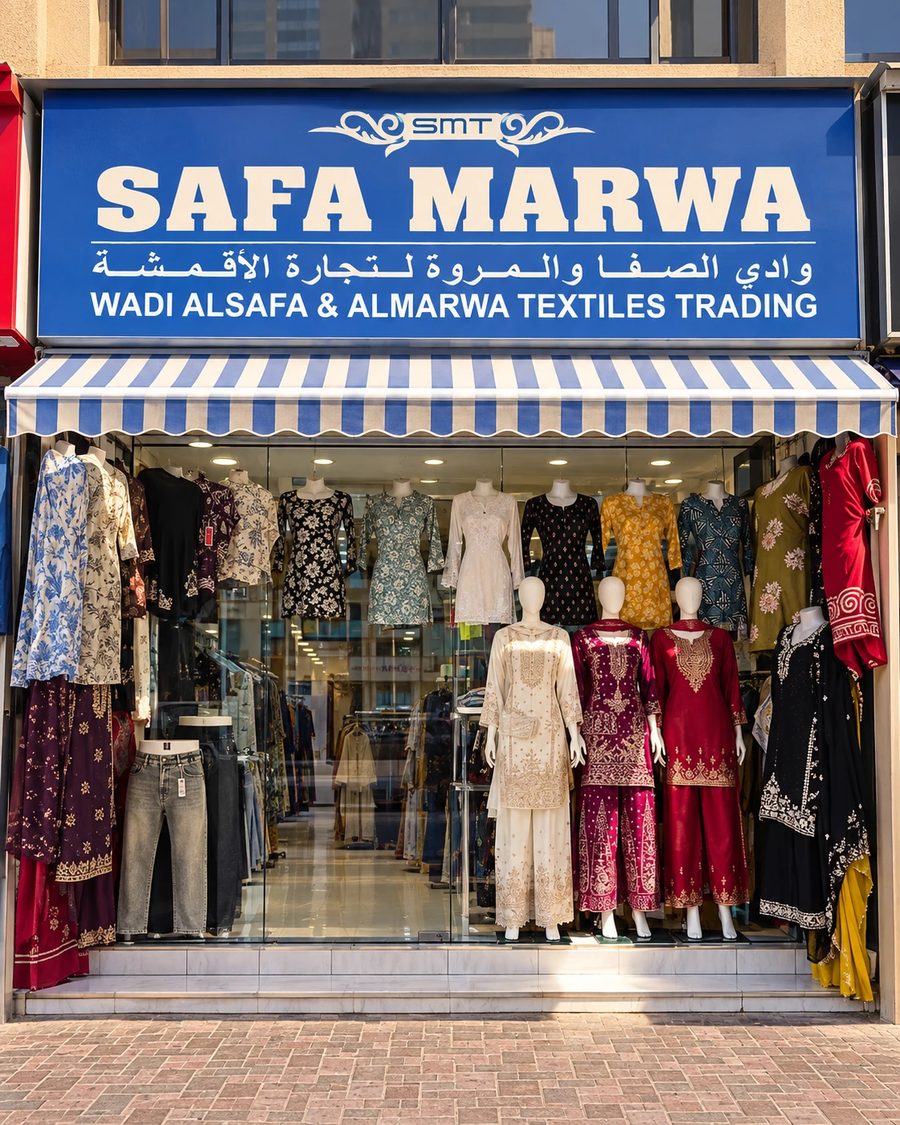 Safa Marwa Textiles Trading shopfront in Bur Dubai with kurtis and salwar suits on display